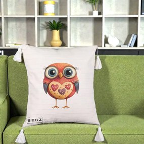 Perna Decorativa Bufnita Rosie cu Inimi Aurii, 40x40 cm, Bej cu Franjuri, Husa Detasabila, Perna Inclusa, BEKZ®