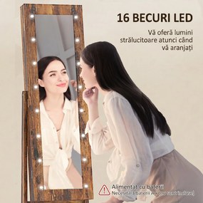 HOMCOM Dulap pentru Bijuterii cu Oglindă Reglabilă și Lumini LED 36x30x136 cm Maro Rustic | Aosom Romania