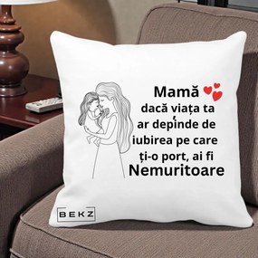 Cadou pentru Mama - Perna Personalizata Mama Nemuritoare cu Copilul in Poala, 40x40 cm, Alba Mata, Husa Detasabila, Perna Inclusa, BEKZ®