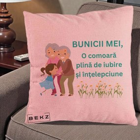Cadou pentru Bunici - Perna Personalizata Bunicii Mei Comoara Iubire Intelepciune Nepoata, 40x40 cm, Roz, Husa Detasabila, Perna Inclusa, BEKZ®