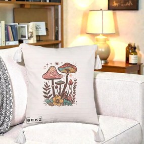 Perna Decorativa Ciuperci Boho Multicolore, 40x40 cm, Bej cu Franjuri, Husa Detasabila, Perna Inclusa, BEKZ®