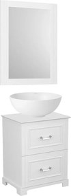 Set dulap pe pardoseala alb Krofam Oxford 60 cm, blat alb Krofam Oxford 60 cm, lavoar si oglinda