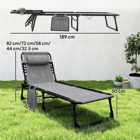 Outsunny Șezlong pliabil pentru plajă/soare, spătar înclinat 5 poziții, pernă pentru cap detașabilă, 189 x 58 x 30 cm, gri | Aosom Romania