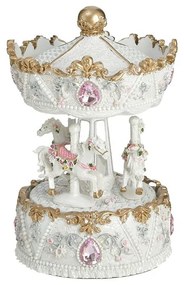 Carusel muzical cu miscare din rasina White Pink Horses 12 cm x 17 cm