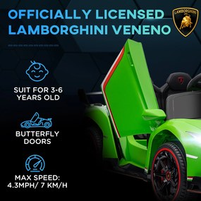 Lamborghini Veneno Electric cu Licenta 12V pentru Copii cu Usi Tip Fluture, Baterie Portabila, Claxon, pentru 3-6 ani, Verde HOMCOM | Aosom RO