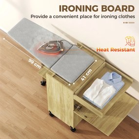 HOMCOM Dulap Masă de Călcat Rabatabilă cu Roți și Suport pentru Fier de Călcat, Dulap Multifuncțional cu Rafturi, Compartiment Deschis, pentru Spălătorie, Baie, 154x55x87 cm, Lemn Natural | Aosom Romania