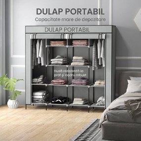 HOMCOM Dulap Portabil din Material Textil și Oțel, Garderobă cu 10 Rafturi, 4 Sertare și 2 Bare, 166x42,5x169,5 cm, Gri | Aosom Romania