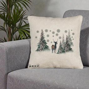 Perna Decorativa Ren in Padure Inzapezita, 40x40 cm, Bej Canapea, Husa Detasabila, Perna Inclusa, BEKZ®