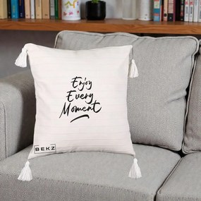 Perna Decorativa Enjoy Every Moment, 40x40 cm, Bej cu Franjuri, Husa Detasabila, Perna Inclusa, BEKZ®