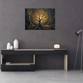 Tablou pe sticlă – Arbore cu aură aurie (70x50 cm)