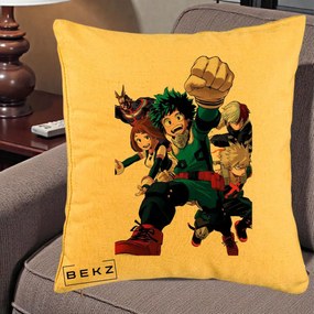 Perna Personalizata My Hero Academia Izuku Deku si Echipa, 40x40 cm, Galben, Husa Detasabila, Perna Inclusa, BEKZ®
