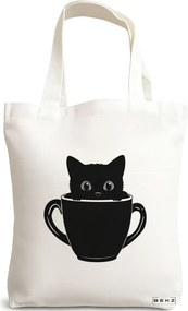 Sacosa de Panza pentru Cumparaturi, Geanta Tote, model Caffeine Cat 15 38 x 34.5 cm, Alba, BEKZ®