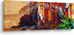 Tablou - Satul de coastă Cinque Terre, Riviera italiană, impresionismul modern (cu ceas) (90x30 cm)