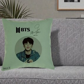 Perna Personalizata K-pop BTS Jimin Portret Cerc Autograf Geaca, 40x40 cm, Verde, Husa Detasabila, Perna Inclusa, BEKZ®