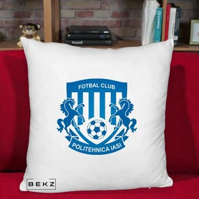 Perna Personalizata FC Politehnica Iasi Fotbal, 40x40 cm, Alb Pufos, Husa Detasabila, Perna Inclusa, BEKZ®