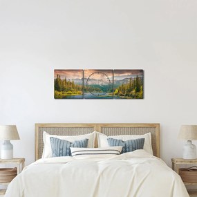 Tablou cu râu montan și munți (cu ceas) (90x30 cm)