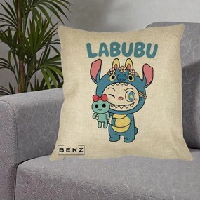 Perna Personalizata Labubu x Stitch cu Flori, 40x40 cm, Crem, Husa Detasabila, Perna Inclusa, BEKZ®