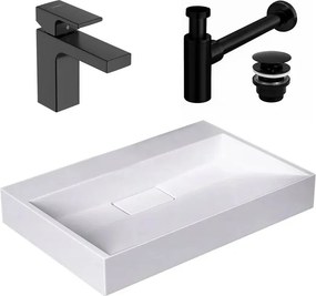 Pachet lavoar pe blat Rea Goya alb 60 cm, baterie lavoar Hansgrohe Vernis Shape 100 negru si ventil lavoar Click-Clack negru
