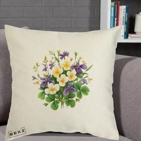Perna Decorativa Viorele Iris Violet si Trifoi, 40x40 cm, Ecru, Husa Detasabila, Perna Inclusa, BEKZ®
