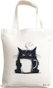 Sacosa de Panza pentru Cumparaturi, Geanta Tote, model Grumpy Coffee Cat 38 x 34.5 cm, Alba, BEKZ®