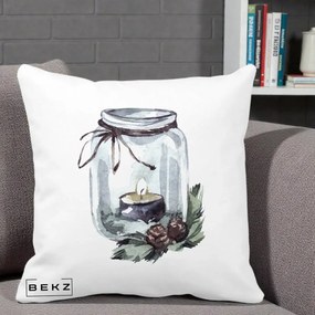 Perna Decorativa Felinar cu Lumanare si Conuri, 40x40 cm, Alba Mata, Husa Detasabila, Perna Inclusa, BEKZ®