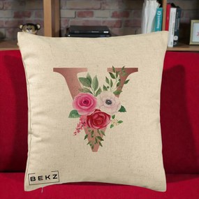 Cadou Personalizat - Perna Personalizata Monograma Rose Gold Litera V, 40x40 cm, Bej, Husa Detasabila, Perna Inclusa, BEKZ®