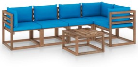 Set mobilier gradina paleti, cu perne, 6 piese, lemn pin tratat Albastru deschis, 2x mijloc + 3x colt + masa, 1
