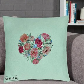 Perna Decorativa Inima din Bujori Acuarela, 40x40 cm, Verde Menta, Husa Detasabila, Perna Inclusa, BEKZ®