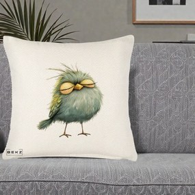 Perna Decorativa Pasare Teal Adormita cu Ochi Galbeni, 40x40 cm, Crem Reliefat, Husa Detasabila, Perna Inclusa, BEKZ®