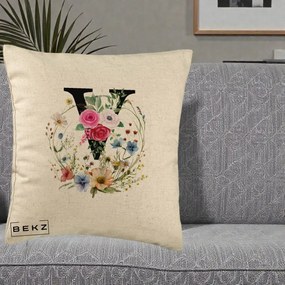 Cadou Personalizat - Perna Personalizata Monograma Florala Litera V cu Coroana, 40x40 cm, Bej, Husa Detasabila, Perna Inclusa, BEKZ®