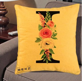 Cadou Personalizat - Perna Personalizata Monograma Florala Litera I, 40x40 cm, Galben, Husa Detasabila, Perna Inclusa, BEKZ®