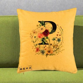 Cadou Personalizat - Perna Personalizata Monogram Litera P cu Flori Acuarela, 40x40 cm, Galben, Husa Detasabila, Perna Inclusa, BEKZ®