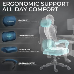 DOWINX – Scaun Gaming, Suport Lombar cu Masaj, Șezut cu Arcuri Metalice și Spumă, Rabatabil 90°-160°, Suport picioare, Rezistent 160 kg, material textil, Albastru