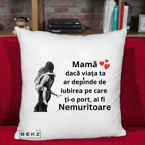 Cadou pentru Mama - Perna Personalizata Mama Nemuritoare Gravura Vintage, 40x40 cm, Alb Pufos, Husa Detasabila, Perna Inclusa, BEKZ®