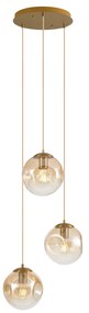Lampă suspendată Art Deco din alamă cu sticlă chihlimbarie cu 3 lumini - Douglass