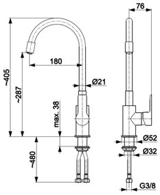 Baterie de chiuvetă cu pipă flexibilă KFA Armatura 6553-915-00 RUMBA 40,5 cm alamă/negru