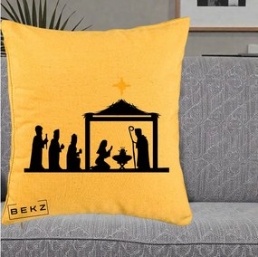 Perna Decorativa Nasterea Pruncului Silueta Neagra si Stea Aurie, 40x40 cm, Galben, Husa Detasabila, Perna Inclusa, BEKZ®