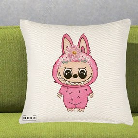 Perna Personalizata Labubu Roz cu Coroana Florala, 40x40 cm, Crem Reliefat, Husa Detasabila, Perna Inclusa, BEKZ®