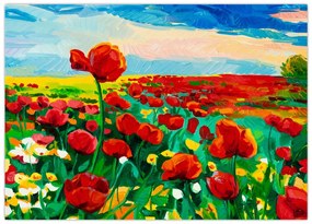 Tablou pe sticlă - Câmp cu maci (70x50 cm)