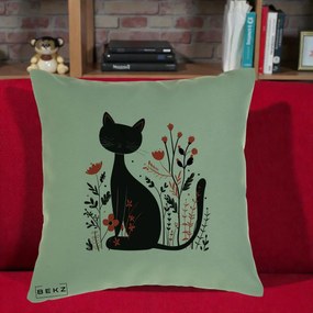 Perna Decorativa Pisica Neagra Flori Rosii Folk Minimal, 40x40 cm, Verde, Husa Detasabila, Perna Inclusa, BEKZ®