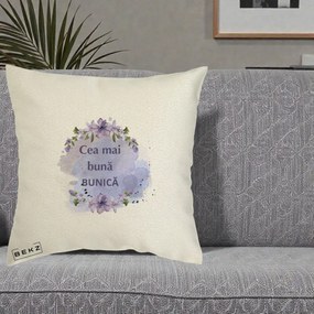 Cadou pentru Bunica - Perna Personalizata Cea Mai Buna Bunica Flori Mov Acuarela Negru, 40x40 cm, Ecru, Husa Detasabila, Perna Inclusa, BEKZ®