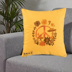 Perna Decorativa Peace Ciuperci Boho, 40x40 cm, Galben, Husa Detasabila, Perna Inclusa, BEKZ®