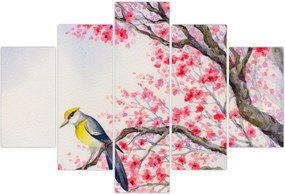 Tablou - Pasăre pe un copac cu flori roșii (150x105 cm)