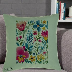 Perna Decorativa Gradina Florala Acuarela Colorata, 40x40 cm, Verde, Husa Detasabila, Perna Inclusa, BEKZ®