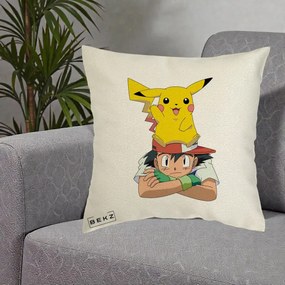 Perna Personalizata Ash si Pikachu, 40x40 cm, Ecru, Husa Detasabila, Perna Inclusa, BEKZ®