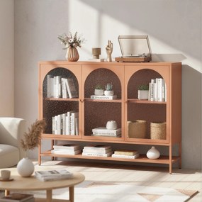 HOMCOM Bufet pentru living, mobilier de depozitare cu 3 uși vitrate arcuite și raft deschis, 140 x 40 x 105 cm, ruginiu | Aosom Romania