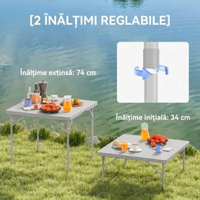 Outsunny Masă de Camping Pliabilă cu 2 Înălțimi Reglabile, 86x86x74 cm, Alb | Aosom Romania