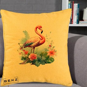 Perna Decorativa Flamingo cu Flori Tropicale Acuarela, 40x40 cm, Galben, Husa Detasabila, Perna Inclusa, BEKZ®