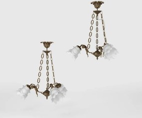 Candelabru 3 brate din alama cu abajur din sticla Putti