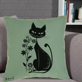 Perna Decorativa Pisica Neagra Grafica Minimalista, 40x40 cm, Verde, Husa Detasabila, Perna Inclusa, BEKZ®